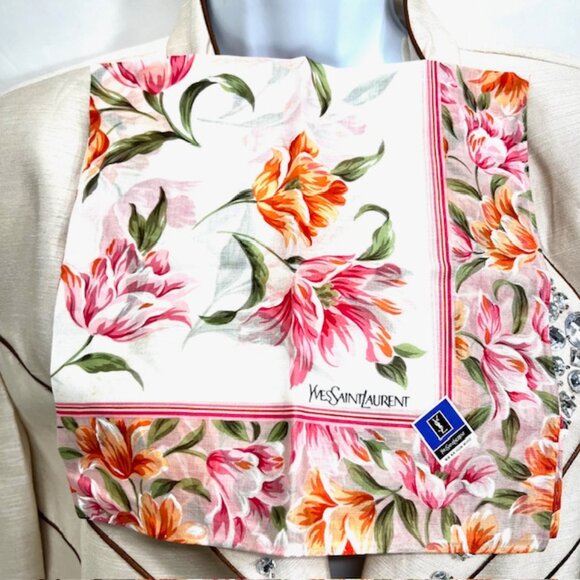 New W/Tag Yvest Saint Laurent  Mini Scarf handker19" cotton peach pink floral(95 - Picture 1 of 6